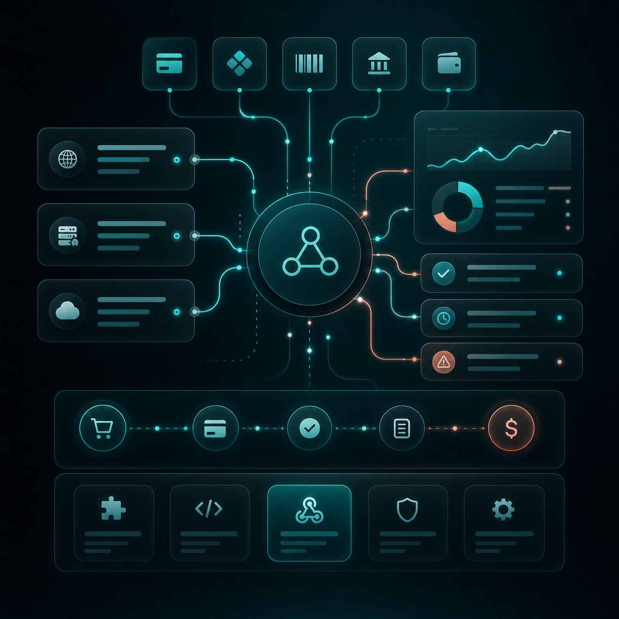 Visual de integrações comerciais e automações de pagamento.